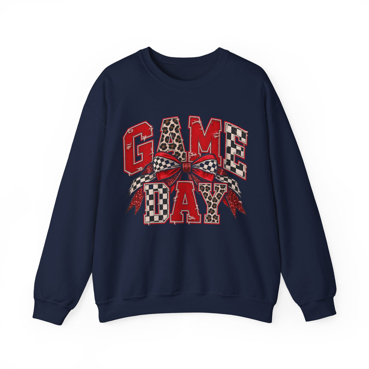 Game Day Football Bow Crewneck - Checkered, Leopard Red & Royal Blue Sweatshirt