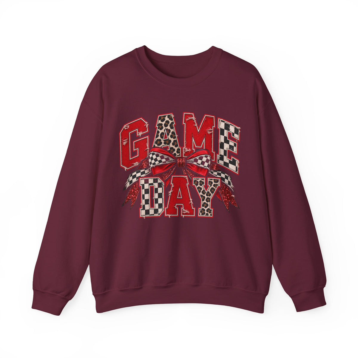 Game Day Football Bow Crewneck - Checkered, Leopard Red & Royal Blue Sweatshirt
