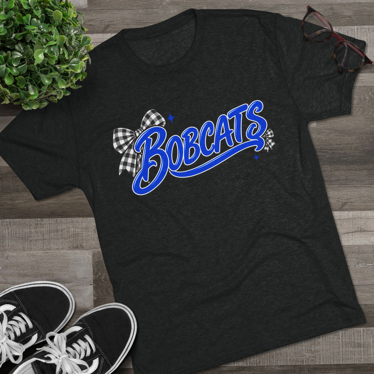 Bobcats T-Shirt - Retro Script with Gingham Bow