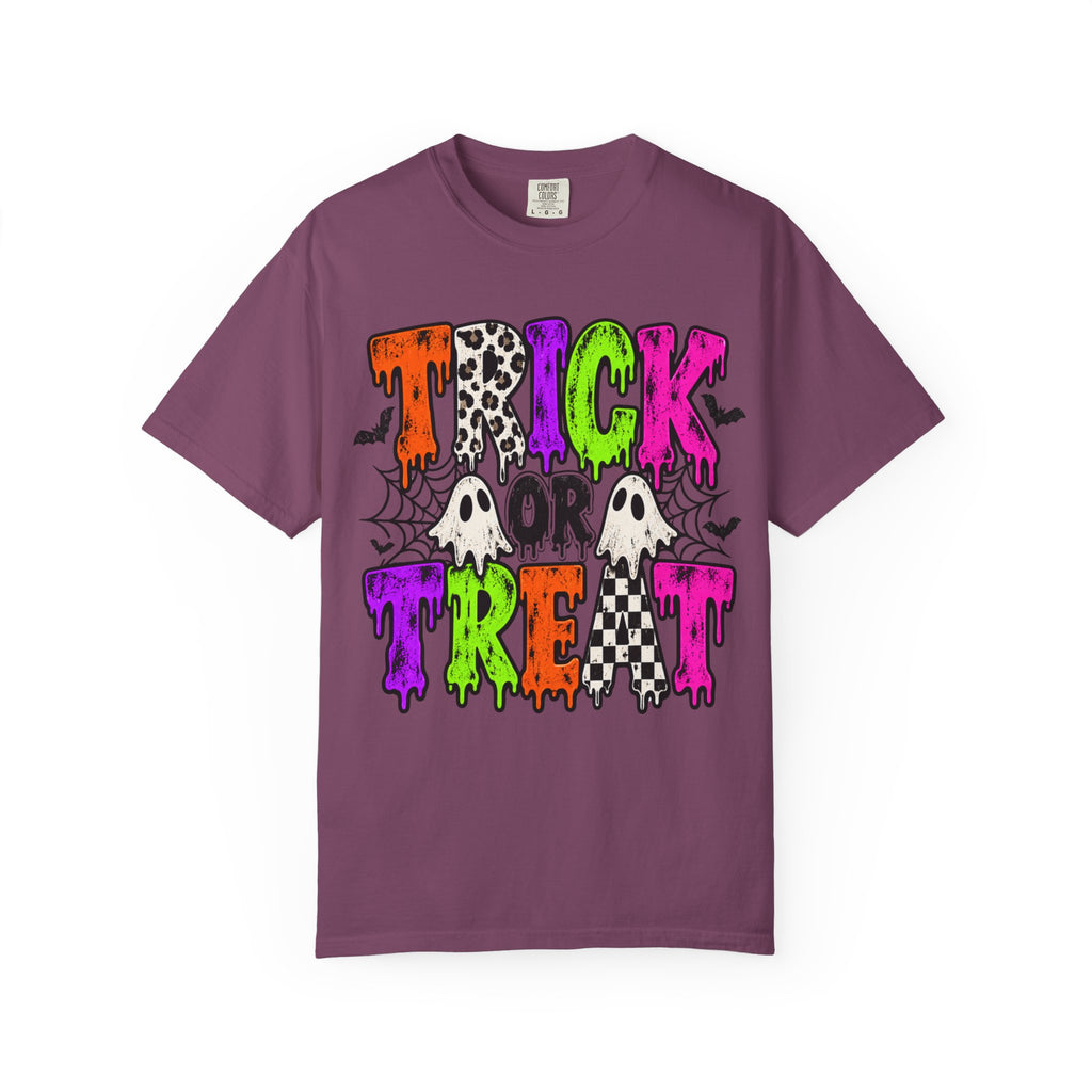 Trick or Treat Halloween Tee - Retro Ghost & Checkerboard T-Shirt