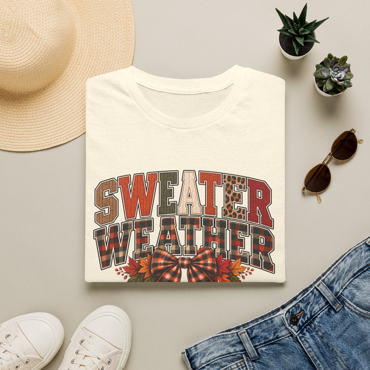 Sweater Weather T-Shirt - Cozy Fall Plaid & Leopard Graphic Tee