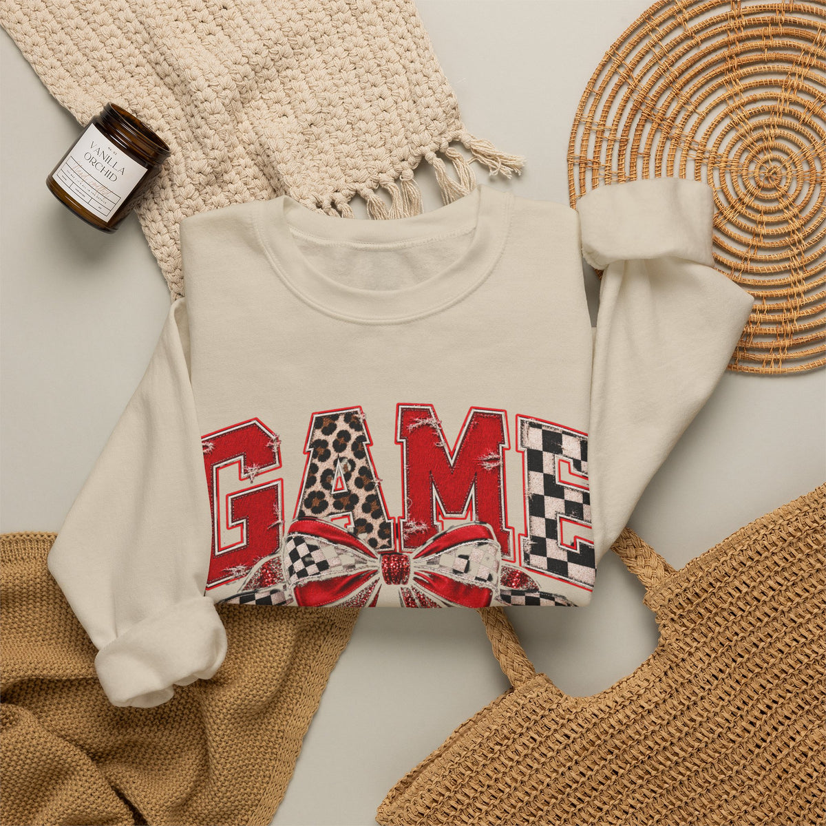 Game Day Football Bow Crewneck - Checkered, Leopard Red & Royal Blue Sweatshirt