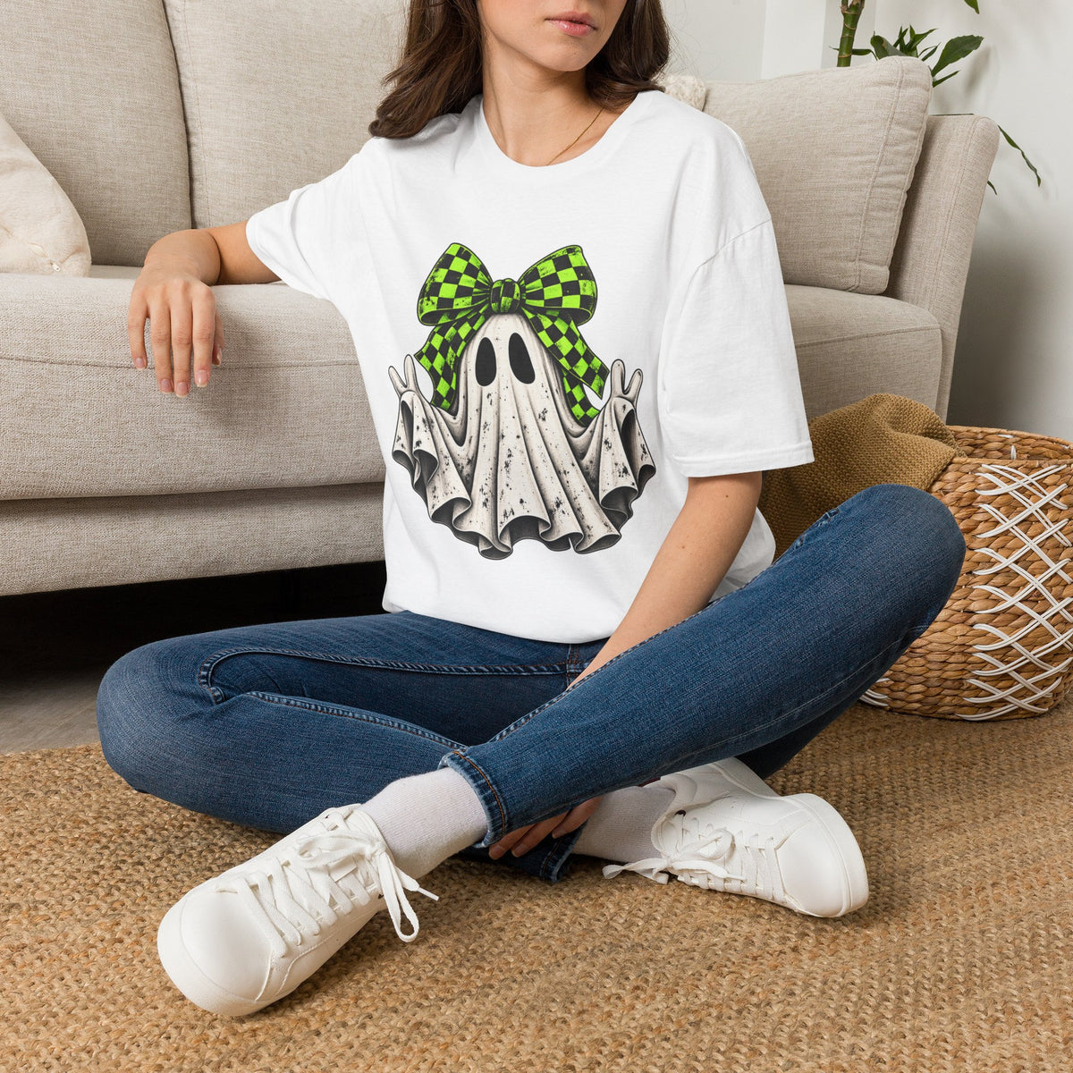 Neon Bow Ghost Halloween T-Shirt - Cute Spooky Graphic Tee