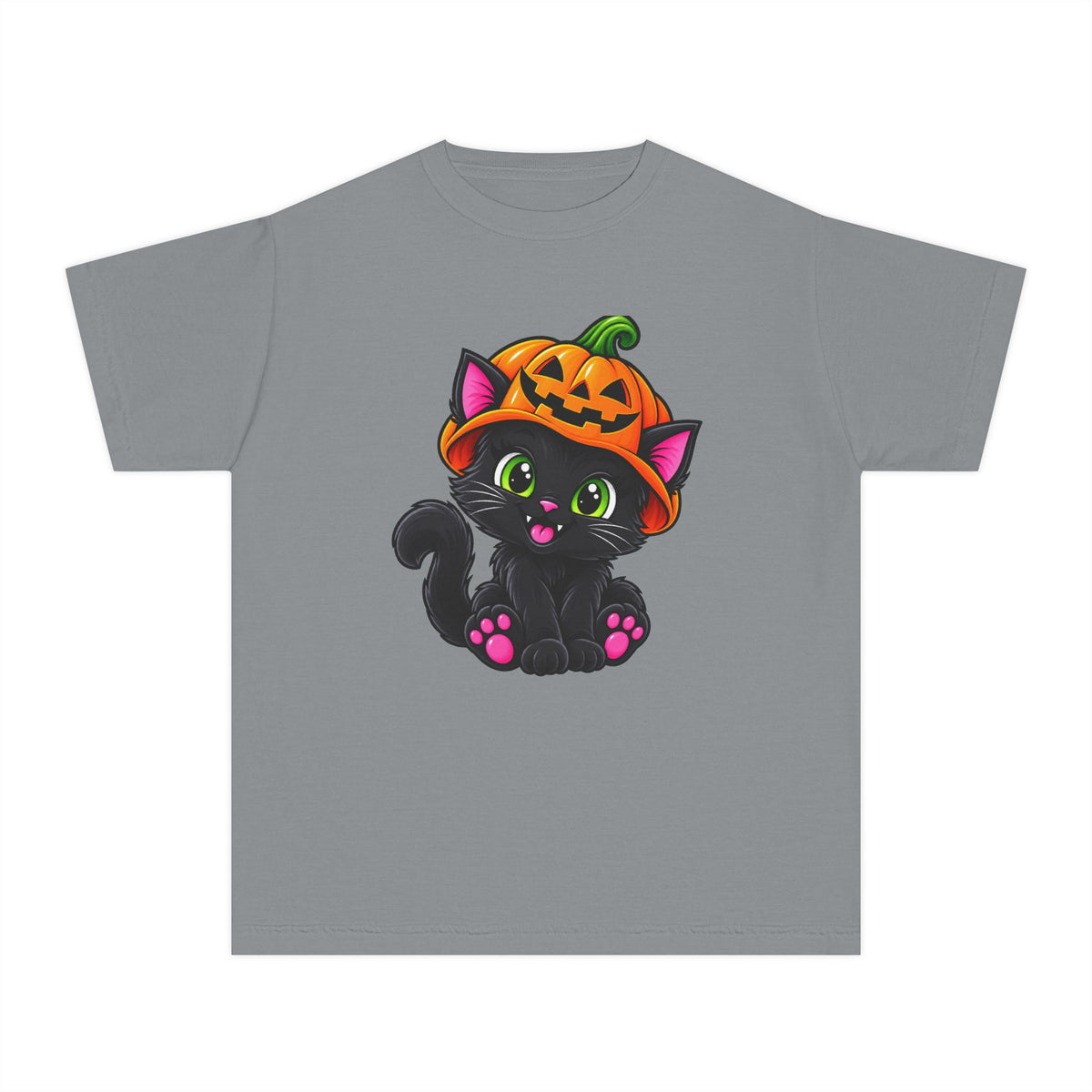Pumpkin Kitty Halloween T-Shirt - Cute Black Cat Youth Tee