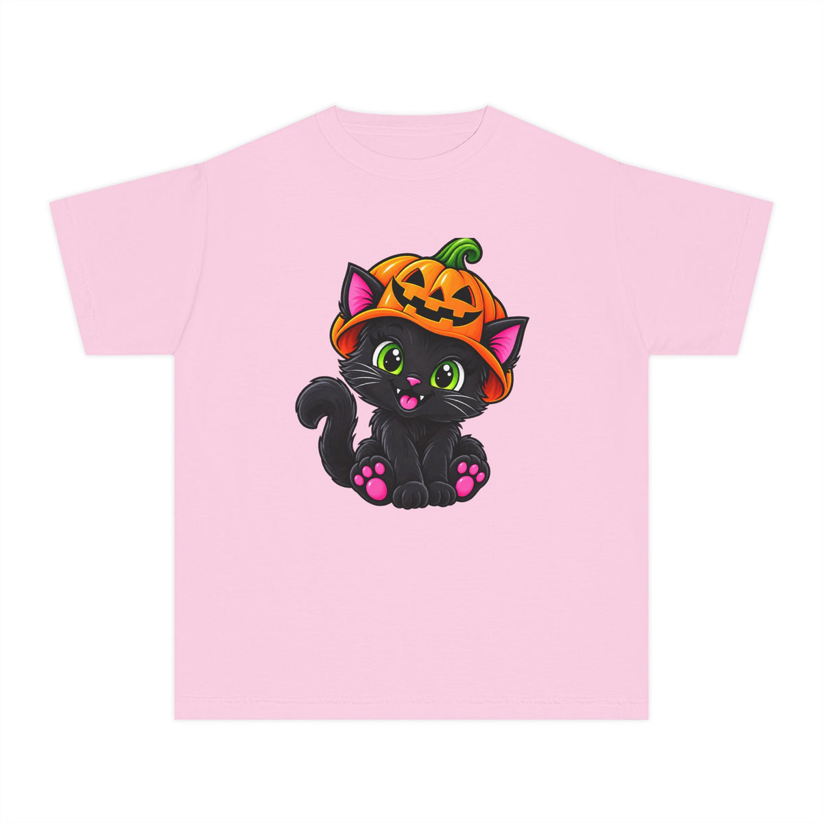 Pumpkin Kitty Halloween T-Shirt - Cute Black Cat Youth Tee