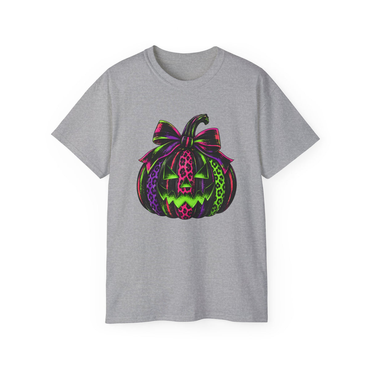 Neon Leopard Print Pumpkin T-Shirt — Halloween Pink & Green Jack-O'-Lantern Tee