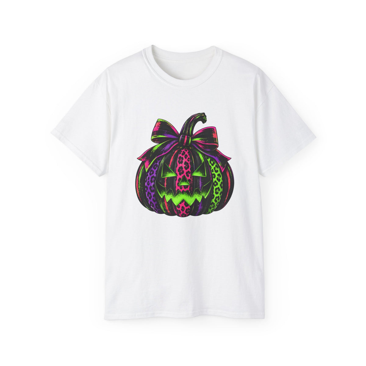 Neon Leopard Print Pumpkin T-Shirt — Halloween Pink & Green Jack-O'-Lantern Tee