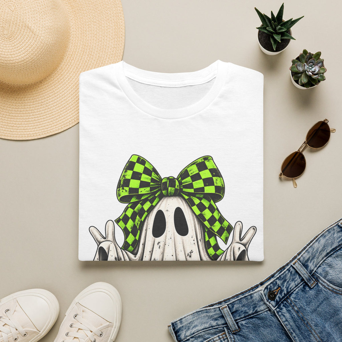 Neon Bow Ghost Halloween T-Shirt - Cute Spooky Graphic Tee