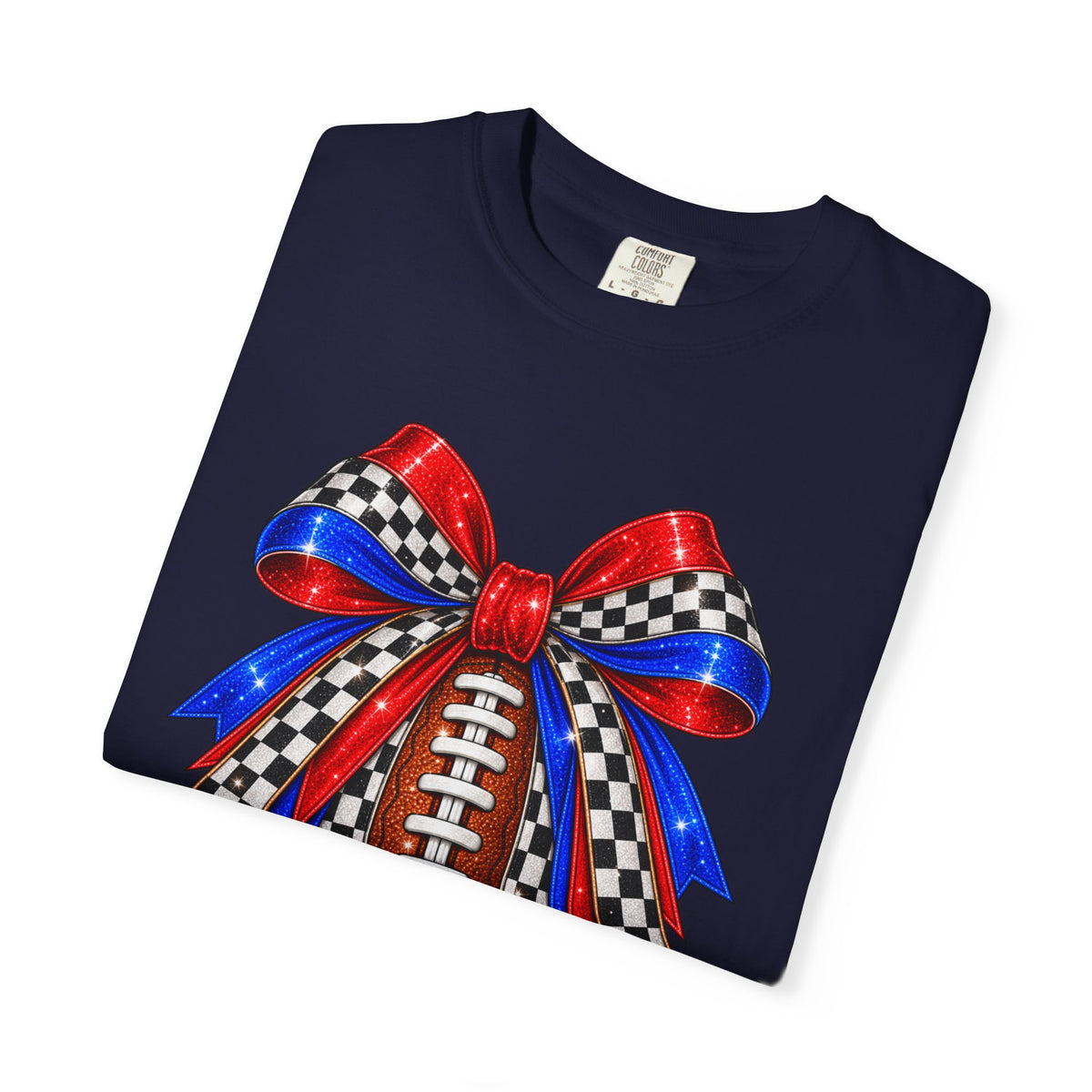 Football Bow Comfort Colors Tee - Red, Royal & Checkered Game Day Shirt
