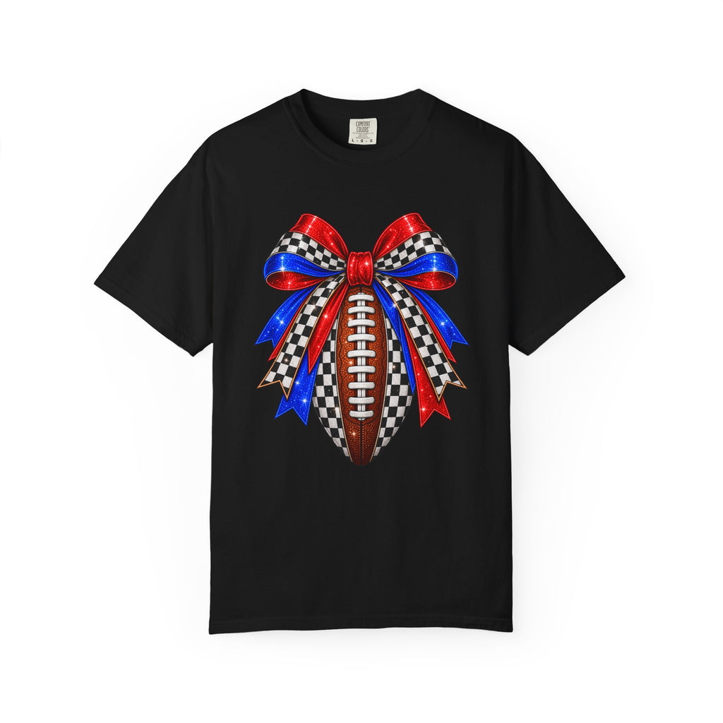 Football Bow Comfort Colors Tee - Red, Royal & Checkered Game Day Shirt