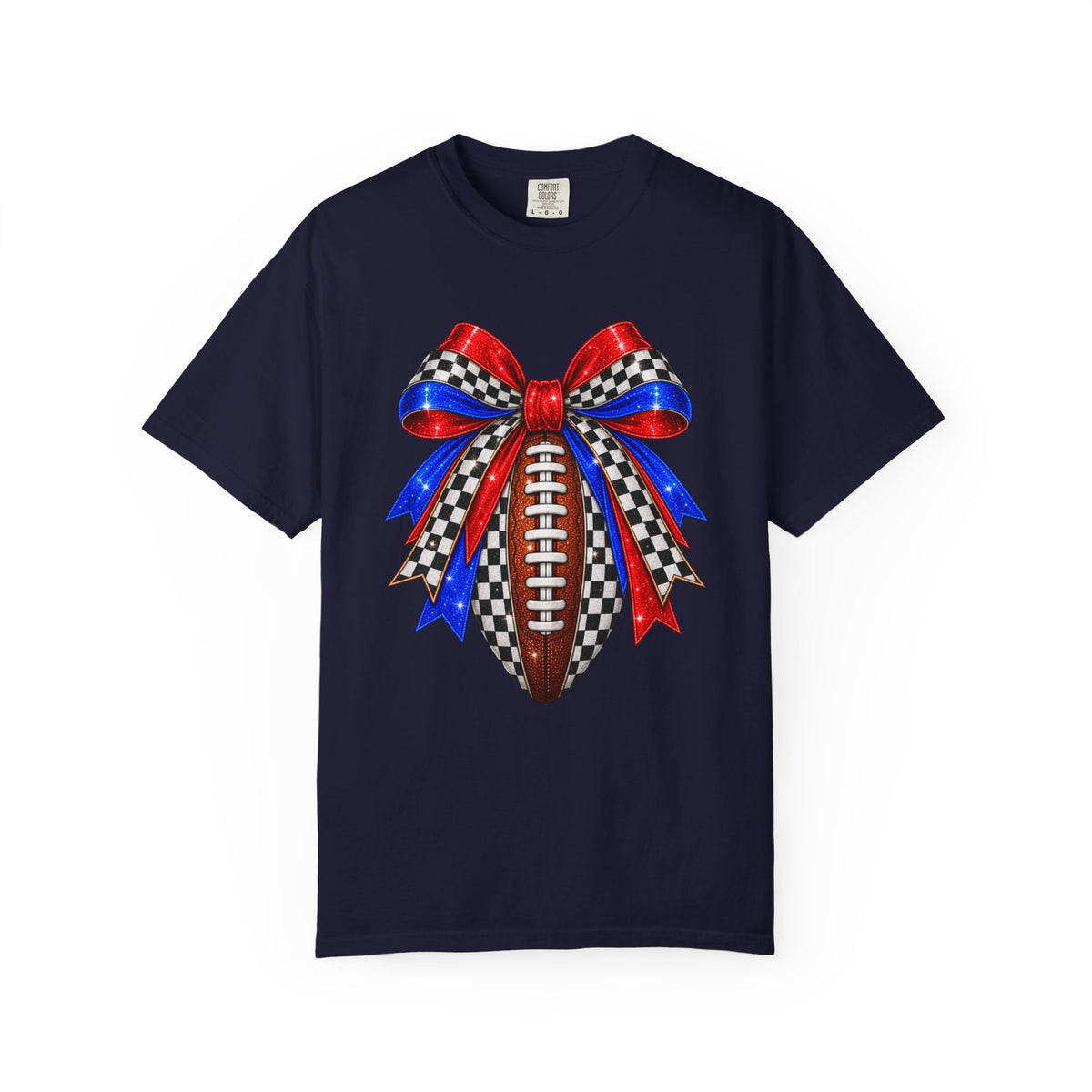 Football Bow Comfort Colors Tee - Red, Royal & Checkered Game Day Shirt