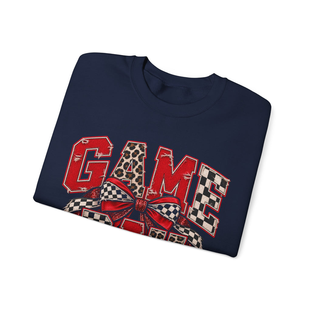 Game Day Football Bow Crewneck - Checkered, Leopard Red & Royal Blue Sweatshirt