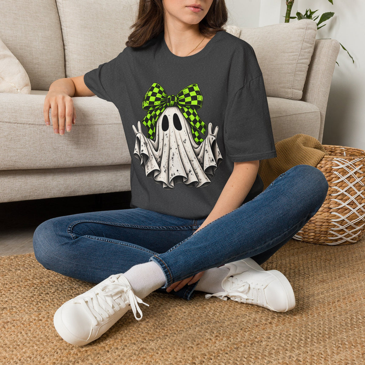 Neon Bow Ghost Halloween T-Shirt - Cute Spooky Graphic Tee