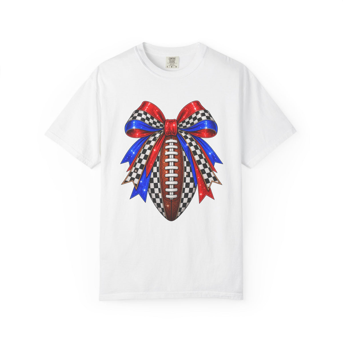Football Bow Comfort Colors Tee - Red, Royal & Checkered Game Day Shirt