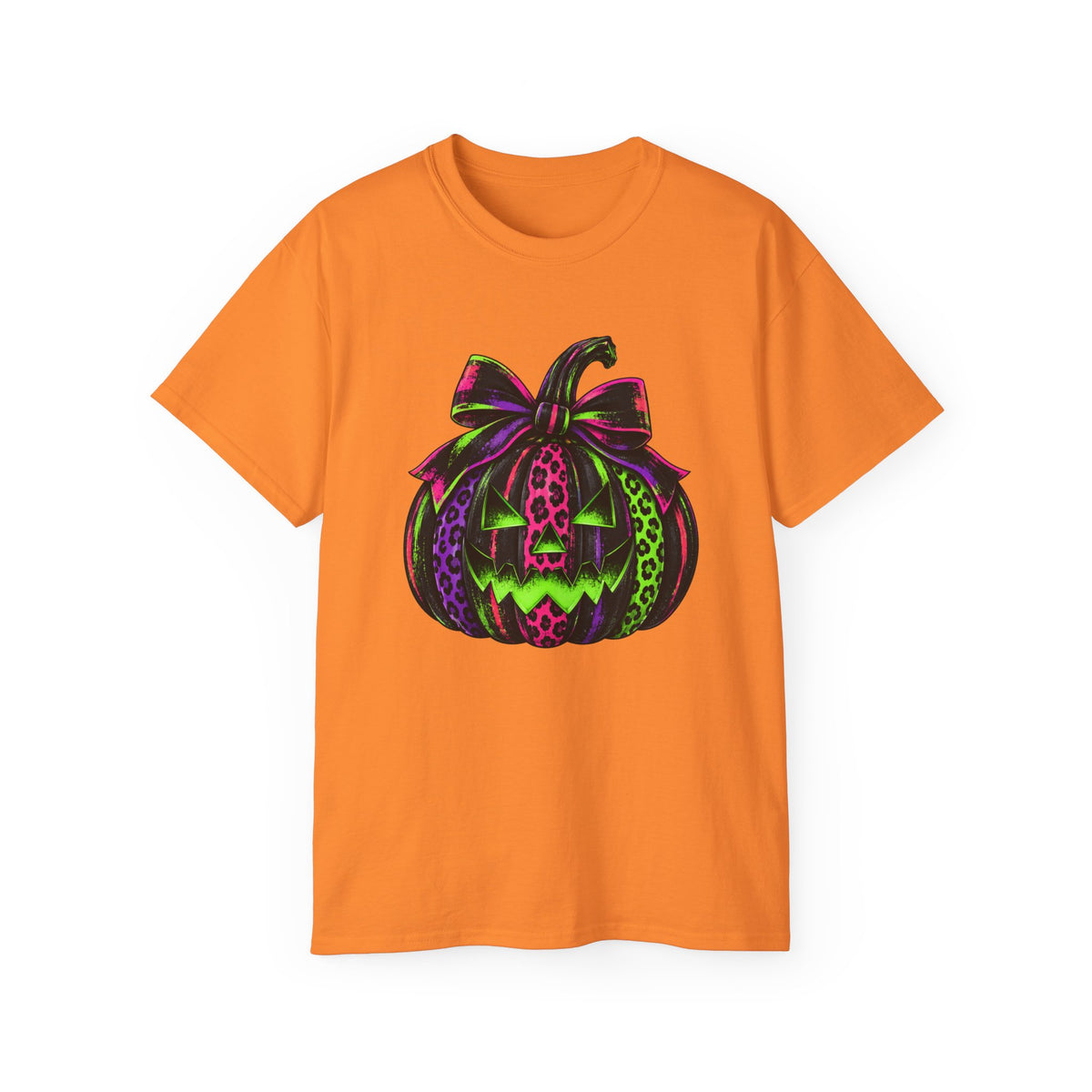 Neon Leopard Print Pumpkin T-Shirt — Halloween Pink & Green Jack-O'-Lantern Tee