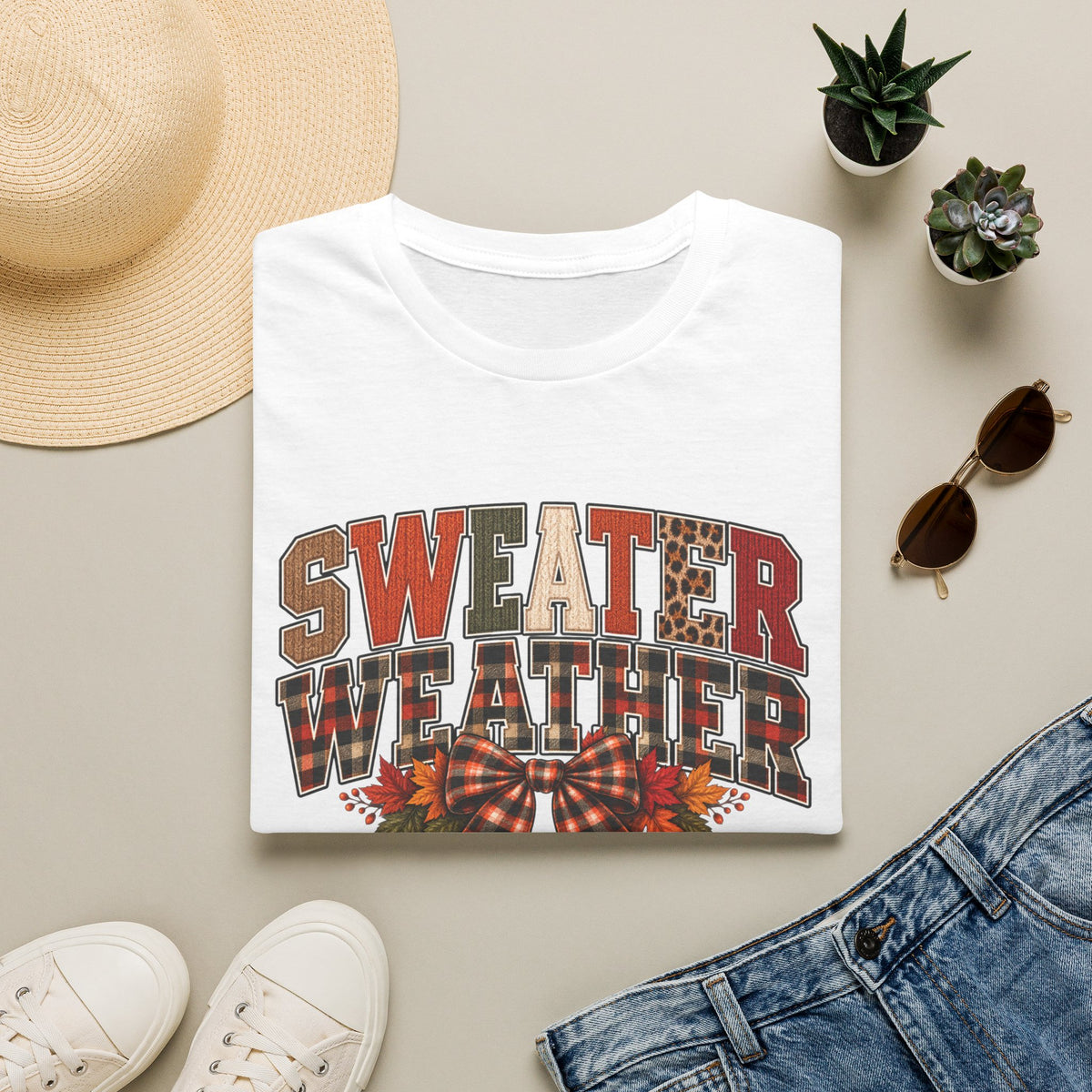 Sweater Weather T-Shirt - Cozy Fall Plaid & Leopard Graphic Tee