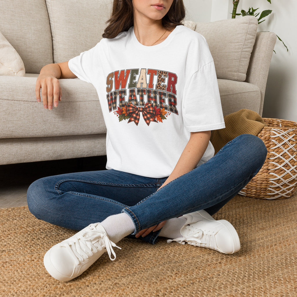 Sweater Weather T-Shirt - Cozy Fall Plaid & Leopard Graphic Tee