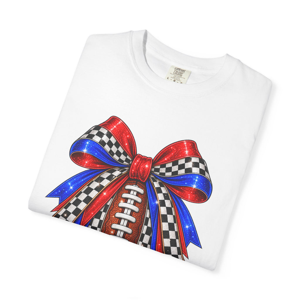 Football Bow Comfort Colors Tee - Red, Royal & Checkered Game Day Shirt