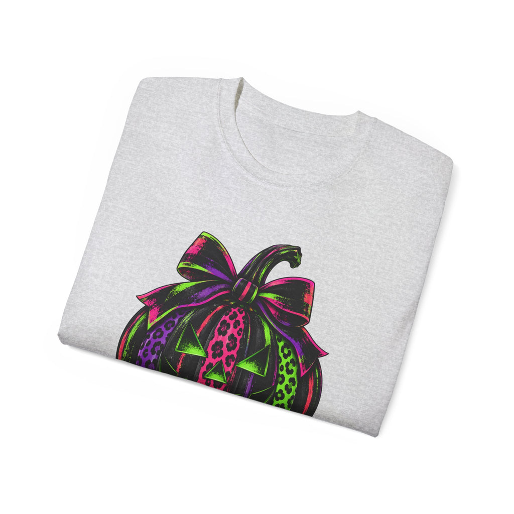 Neon Leopard Print Pumpkin T-Shirt — Halloween Pink & Green Jack-O'-Lantern Tee