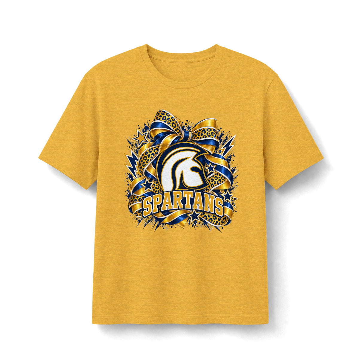 Academy of Blanchard Spartans Leopard Bow T-Shirt - Navy and Gold Mascot Tee