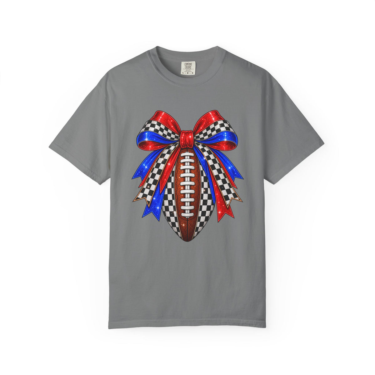 Football Bow Comfort Colors Tee - Red, Royal & Checkered Game Day Shirt