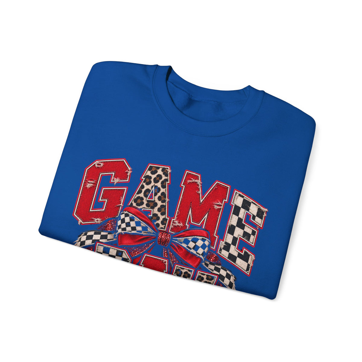 Game Day Football Bow Crewneck - Checkered, Leopard Red & Royal Blue Sweatshirt