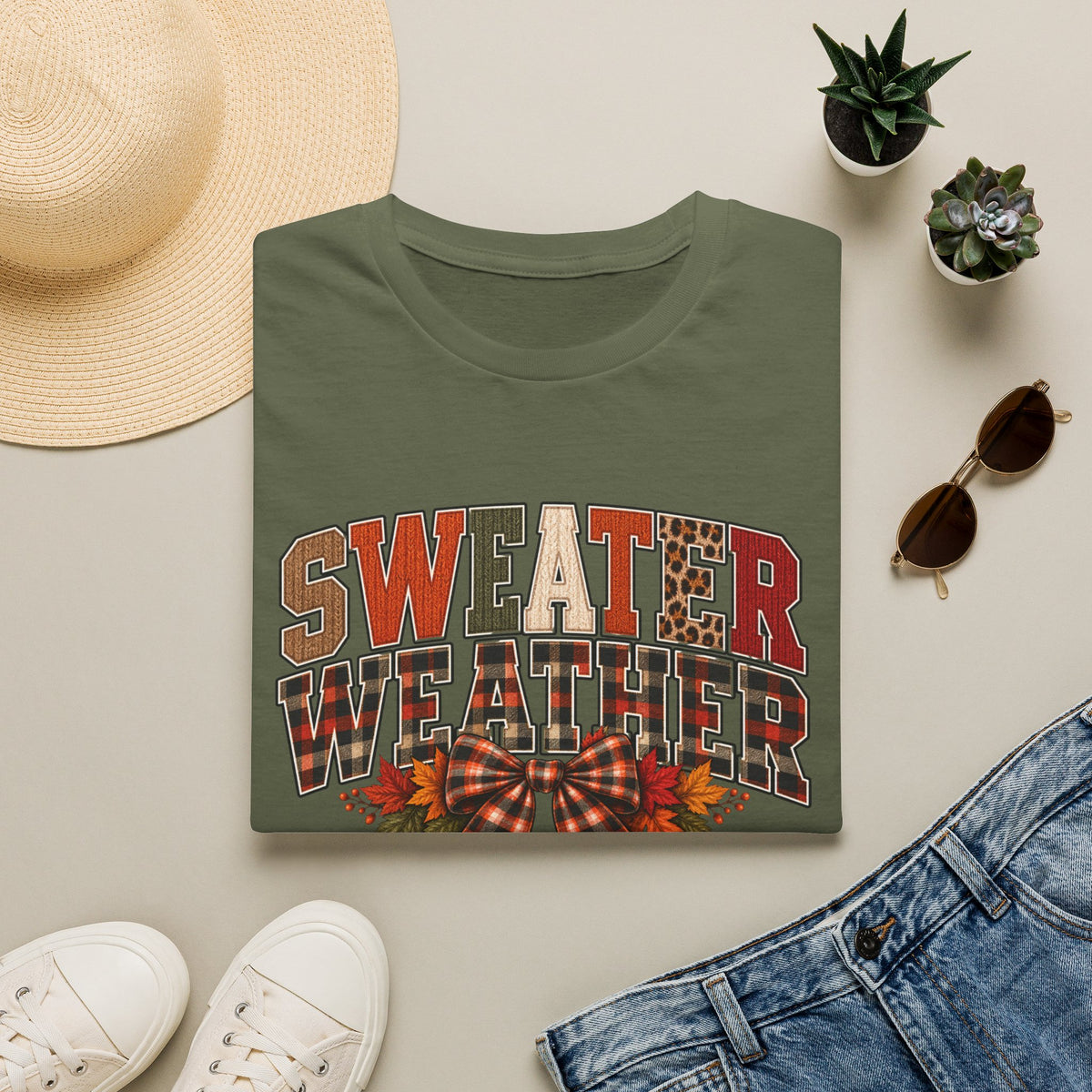 Sweater Weather T-Shirt - Cozy Fall Plaid & Leopard Graphic Tee