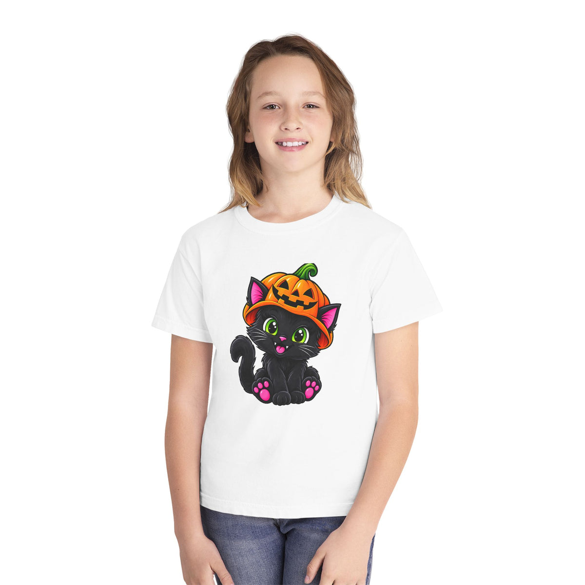 Pumpkin Kitty Halloween T-Shirt - Cute Black Cat Youth Tee