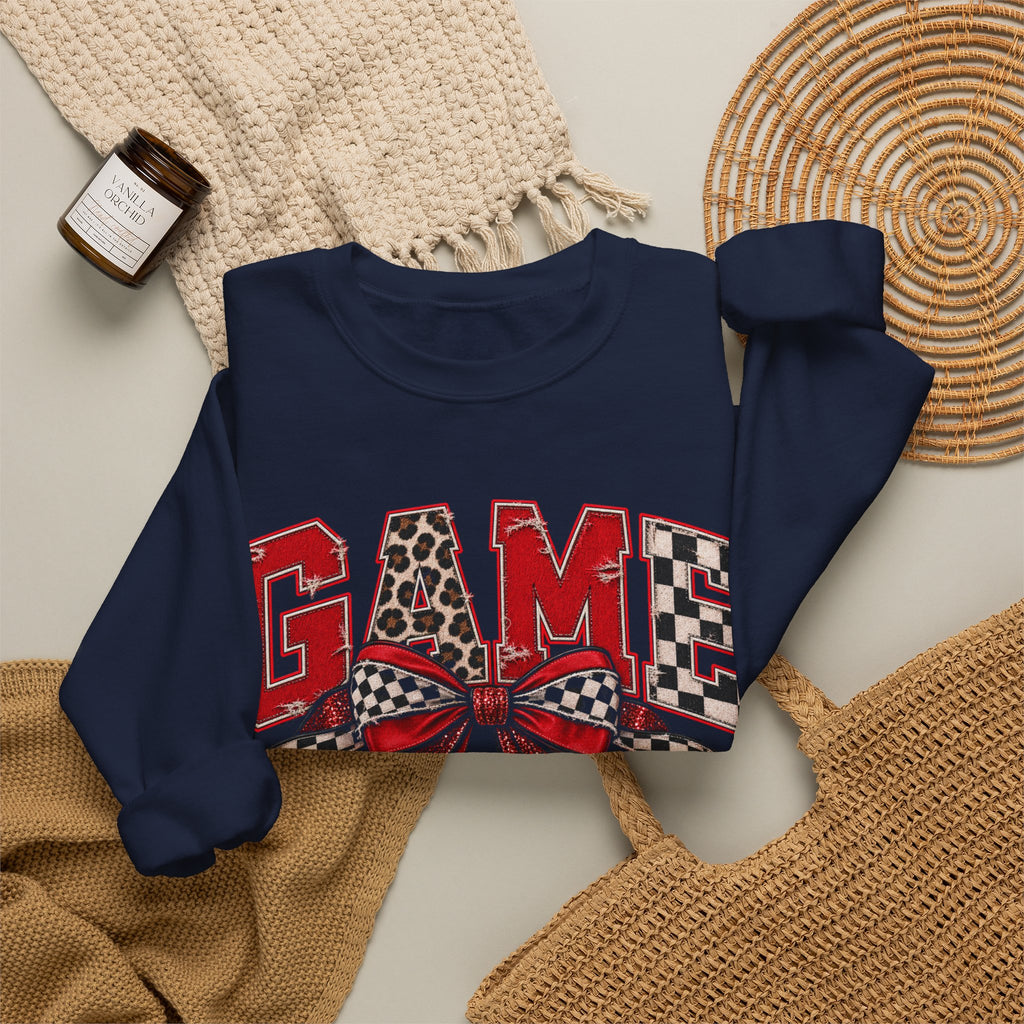 Game Day Football Bow Crewneck - Checkered, Leopard Red & Royal Blue Sweatshirt