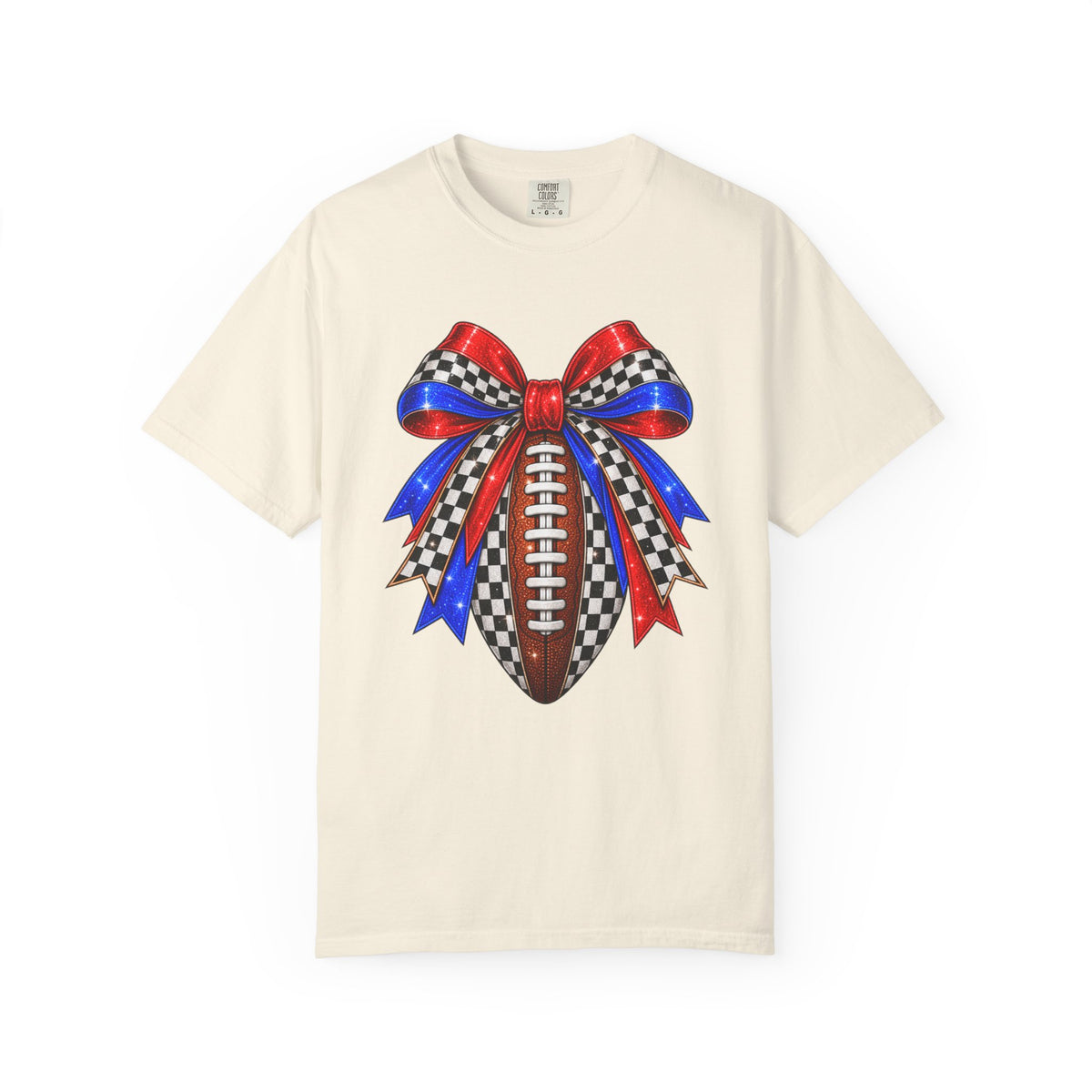 Football Bow Comfort Colors Tee - Red, Royal & Checkered Game Day Shirt