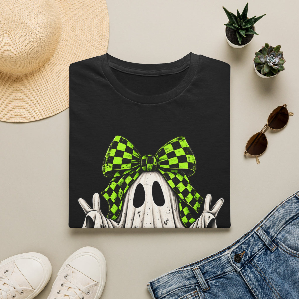Neon Bow Ghost Halloween T-Shirt - Cute Spooky Graphic Tee