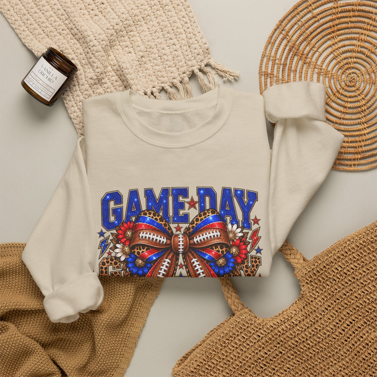 Game Day Football Bow Crewneck - Red & Royal Leopard Spirit Sweatshirt