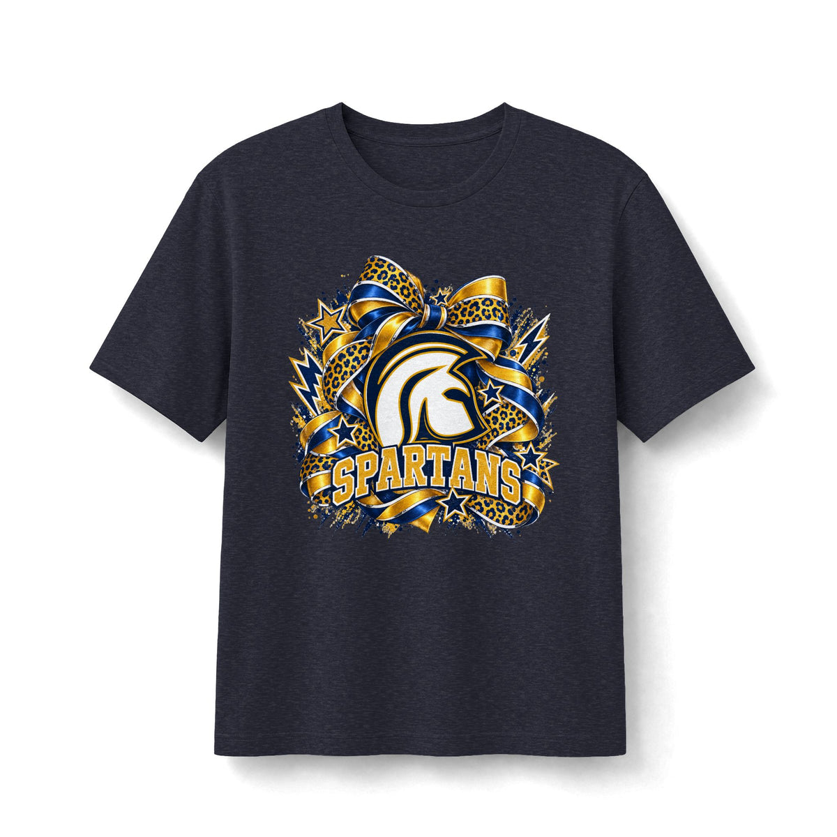 Academy of Blanchard Spartans Leopard Bow T-Shirt - Navy and Gold Mascot Tee