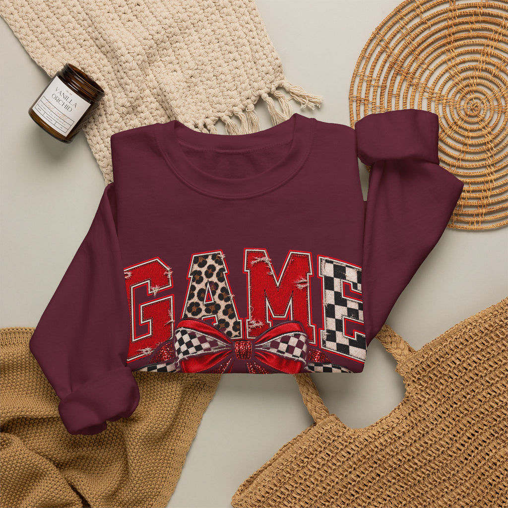 Game Day Football Bow Crewneck - Checkered, Leopard Red & Royal Blue Sweatshirt