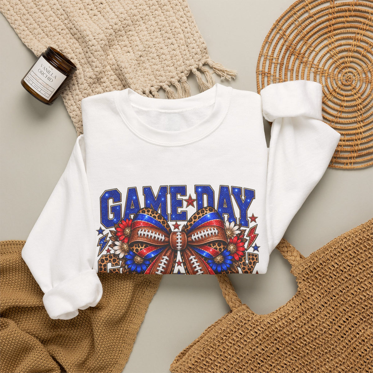 Game Day Football Bow Crewneck - Red & Royal Leopard Spirit Sweatshirt