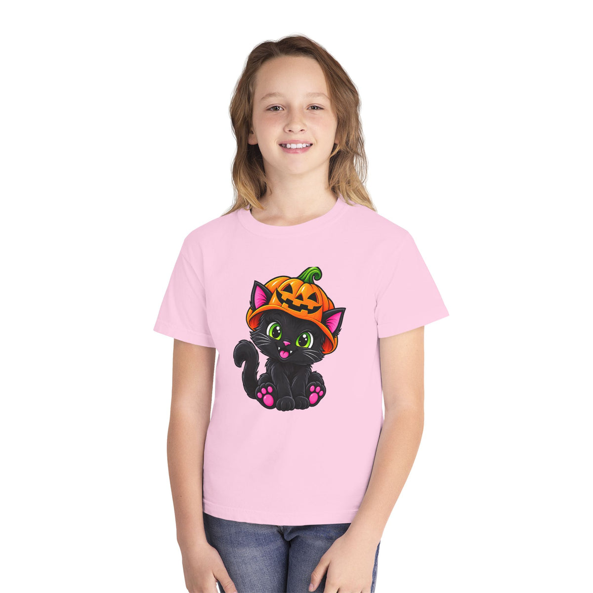 Pumpkin Kitty Halloween T-Shirt - Cute Black Cat Youth Tee