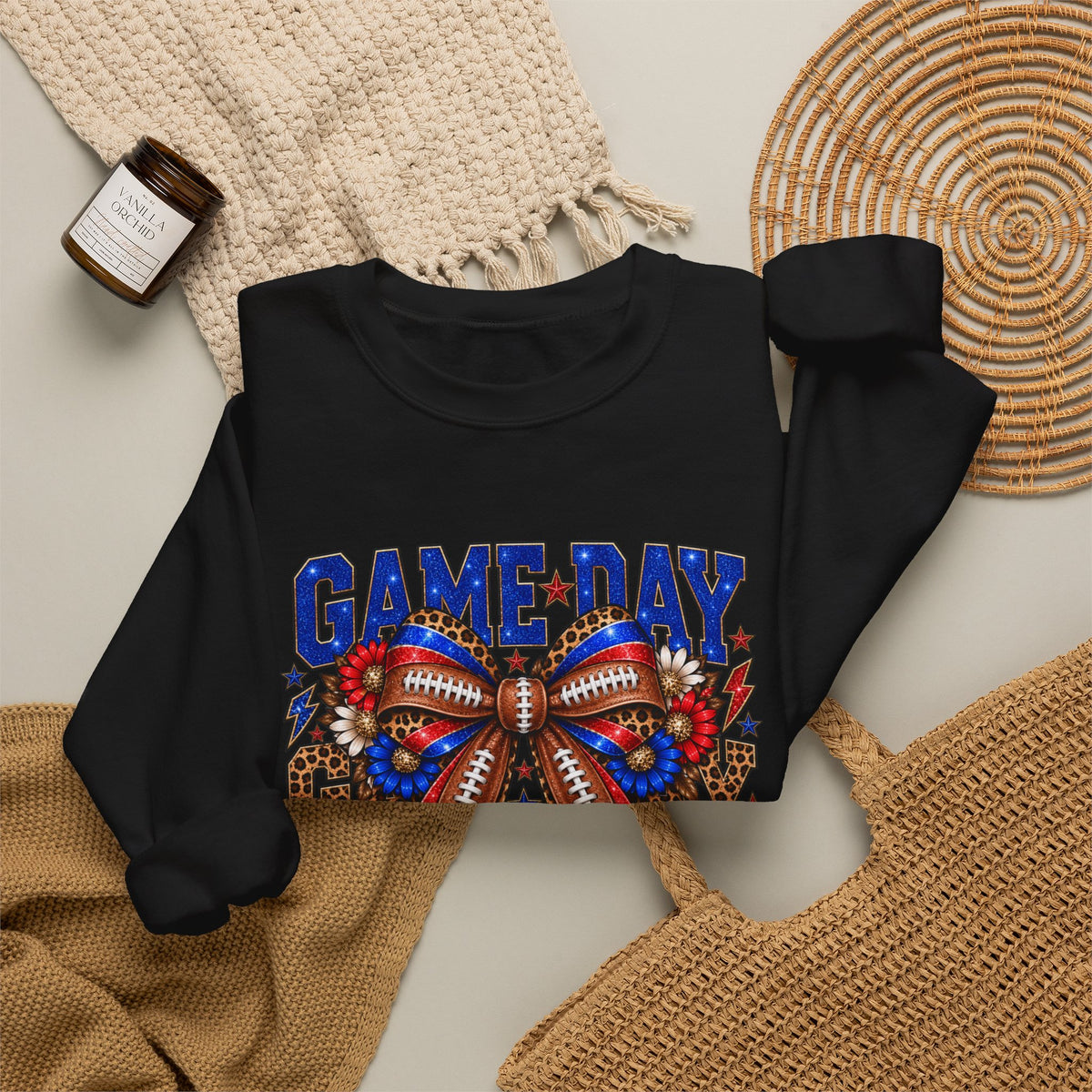 Game Day Football Bow Crewneck - Red & Royal Leopard Spirit Sweatshirt