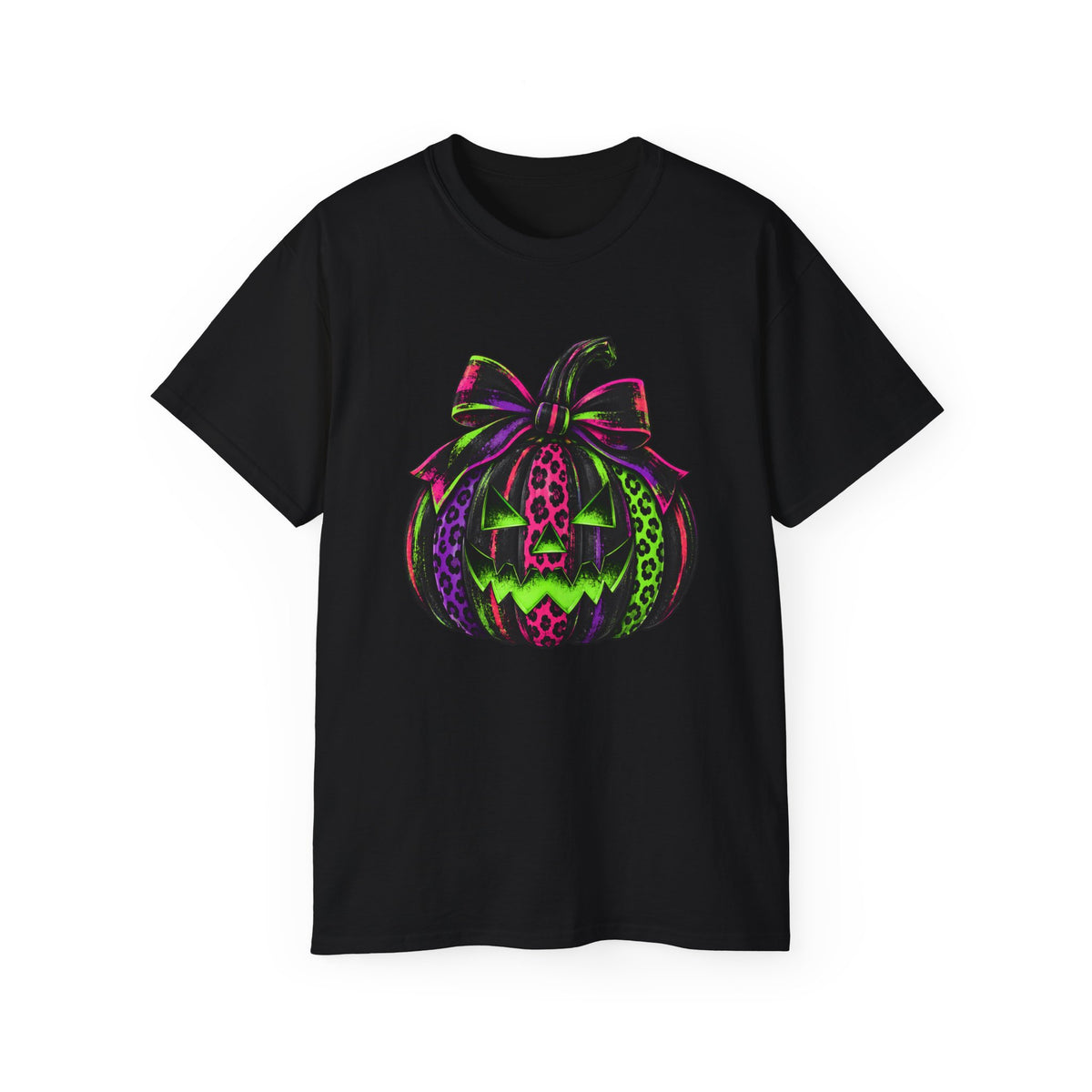 Neon Leopard Print Pumpkin T-Shirt — Halloween Pink & Green Jack-O'-Lantern Tee