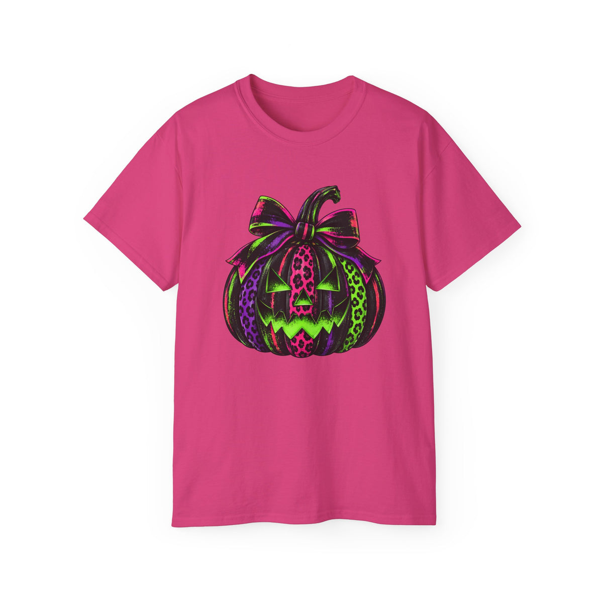 Neon Leopard Print Pumpkin T-Shirt — Halloween Pink & Green Jack-O'-Lantern Tee