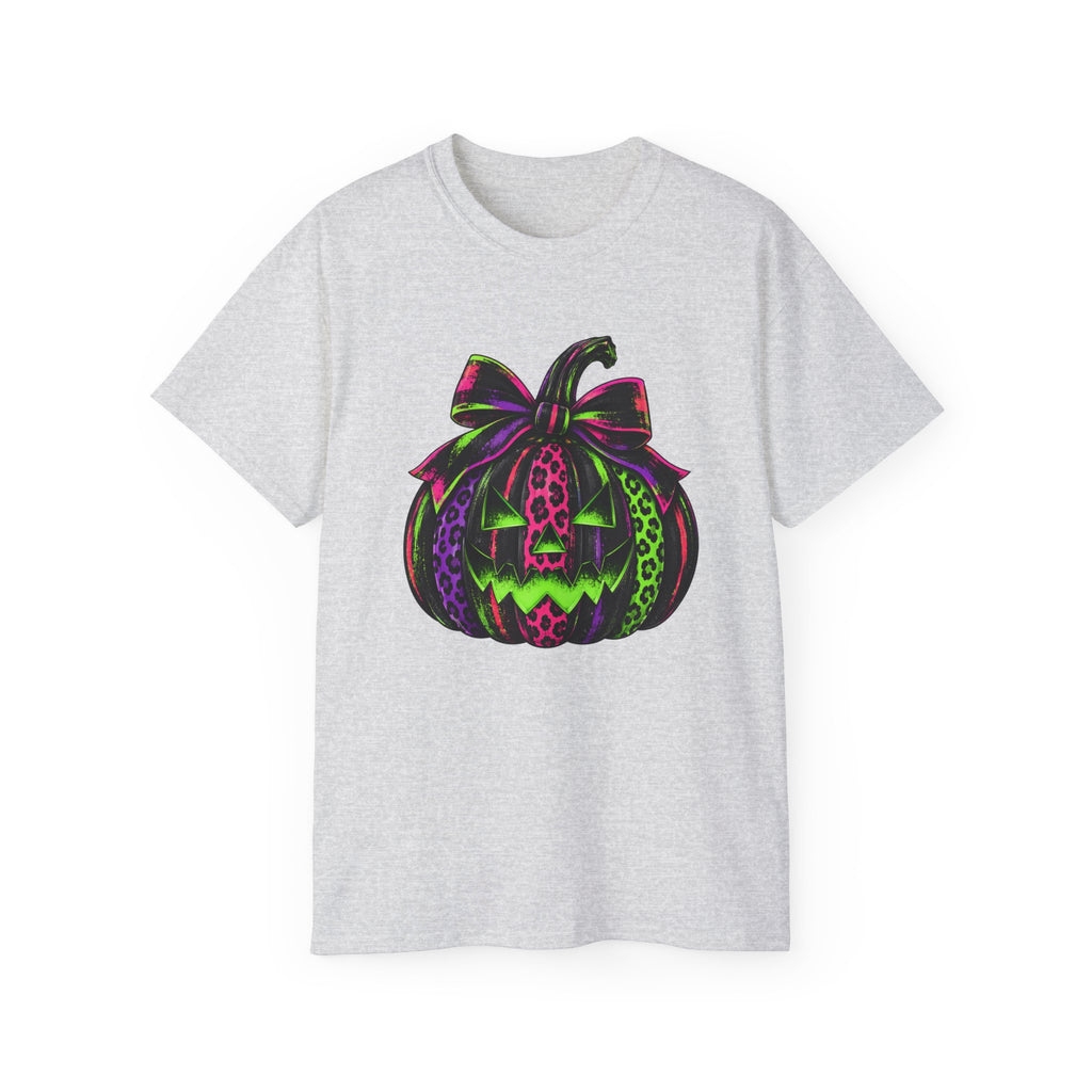 Neon Leopard Print Pumpkin T-Shirt — Halloween Pink & Green Jack-O'-Lantern Tee