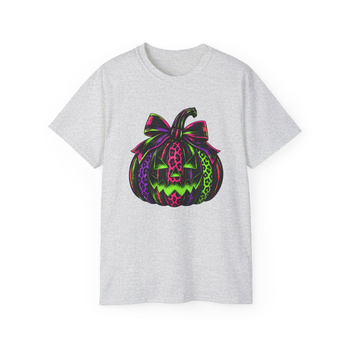 Neon Leopard Print Pumpkin T-Shirt — Halloween Pink & Green Jack-O'-Lantern Tee
