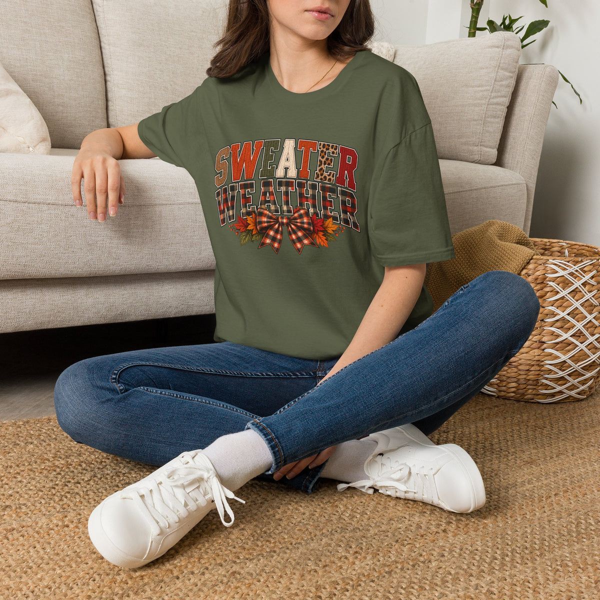 Sweater Weather T-Shirt - Cozy Fall Plaid & Leopard Graphic Tee