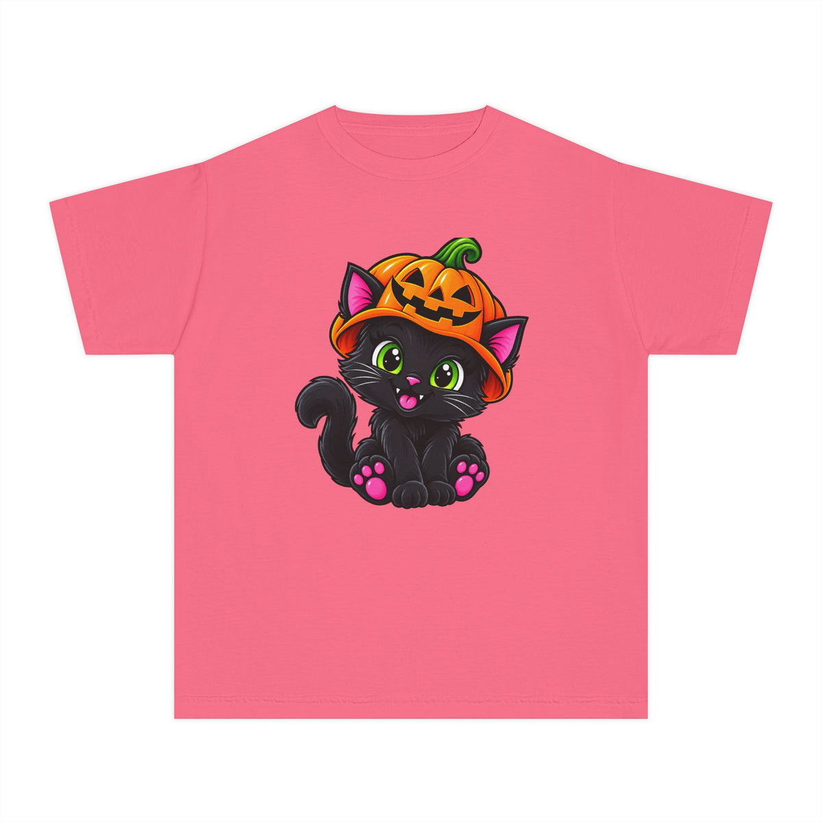 Pumpkin Kitty Halloween T-Shirt - Cute Black Cat Youth Tee
