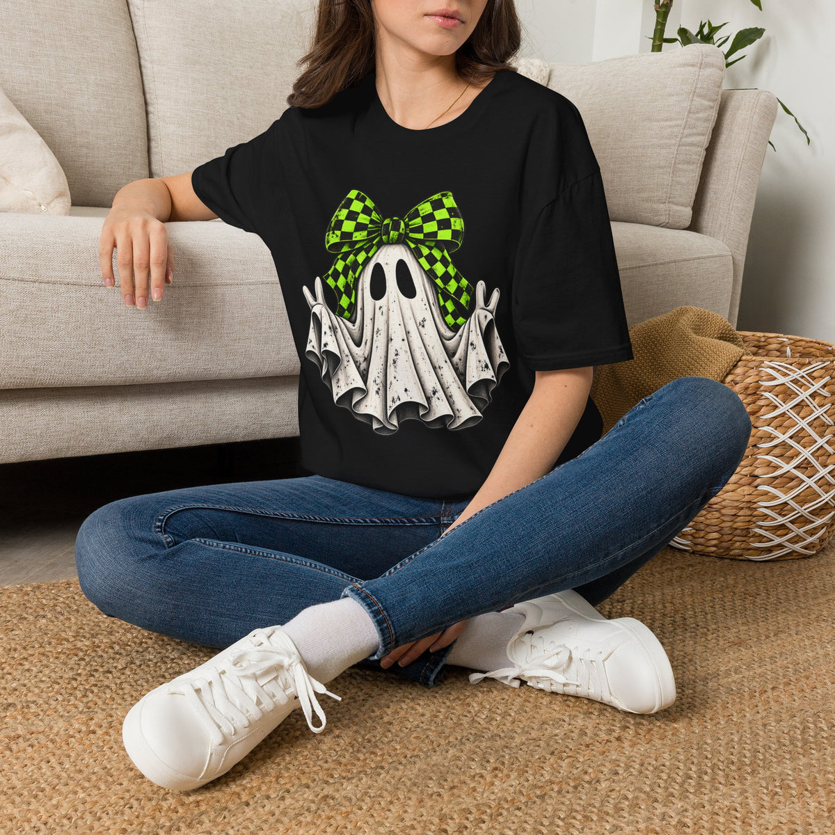 Neon Bow Ghost Halloween T-Shirt - Cute Spooky Graphic Tee
