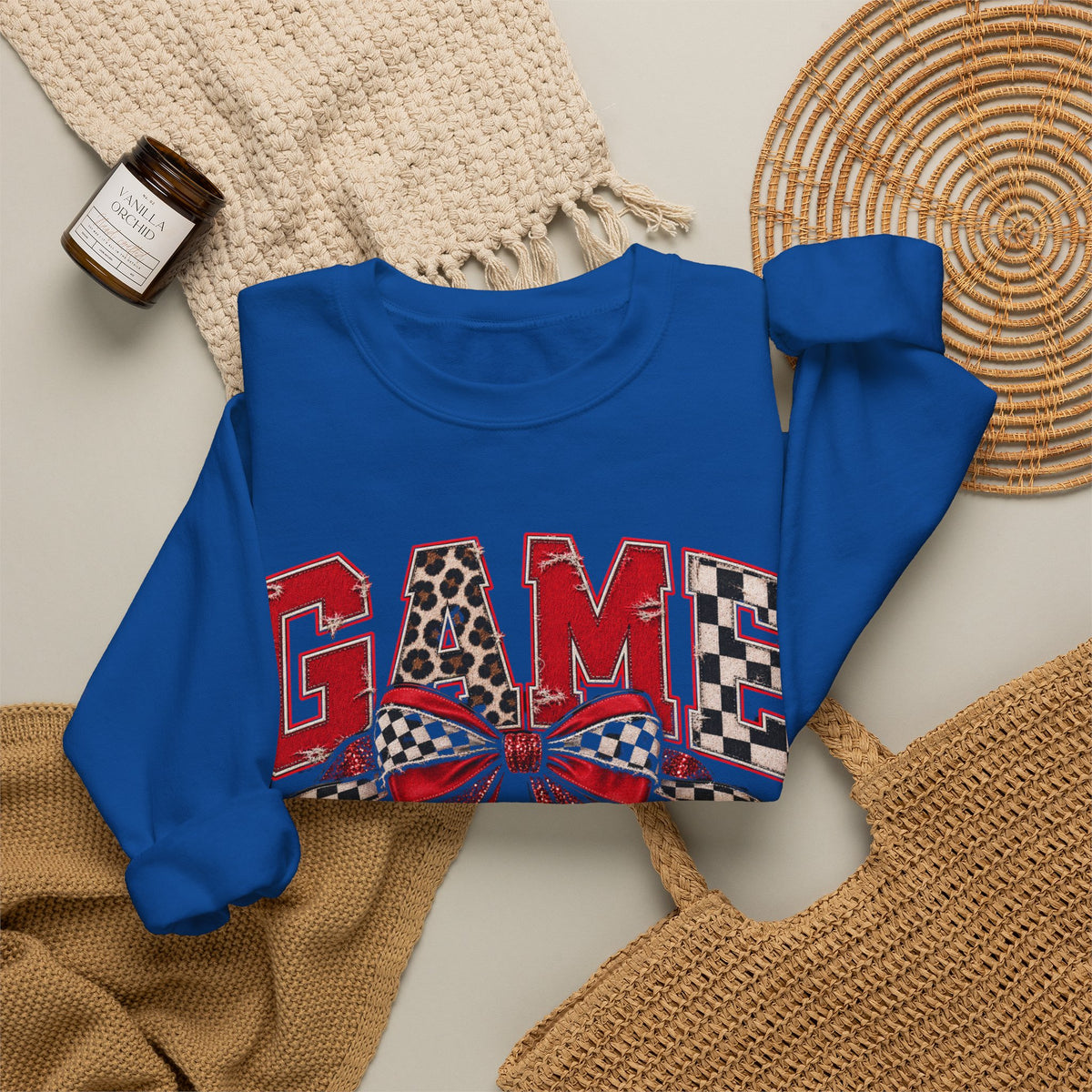 Game Day Football Bow Crewneck - Checkered, Leopard Red & Royal Blue Sweatshirt