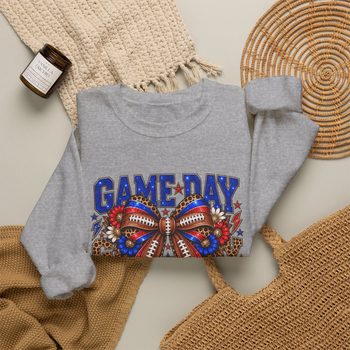 Game Day Football Bow Crewneck - Red & Royal Leopard Spirit Sweatshirt