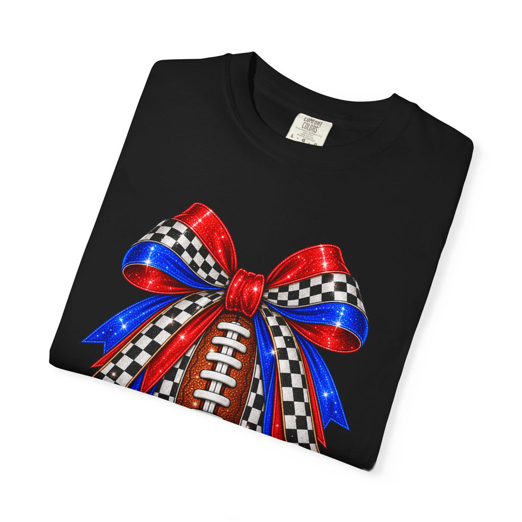 Football Bow Comfort Colors Tee - Red, Royal & Checkered Game Day Shirt