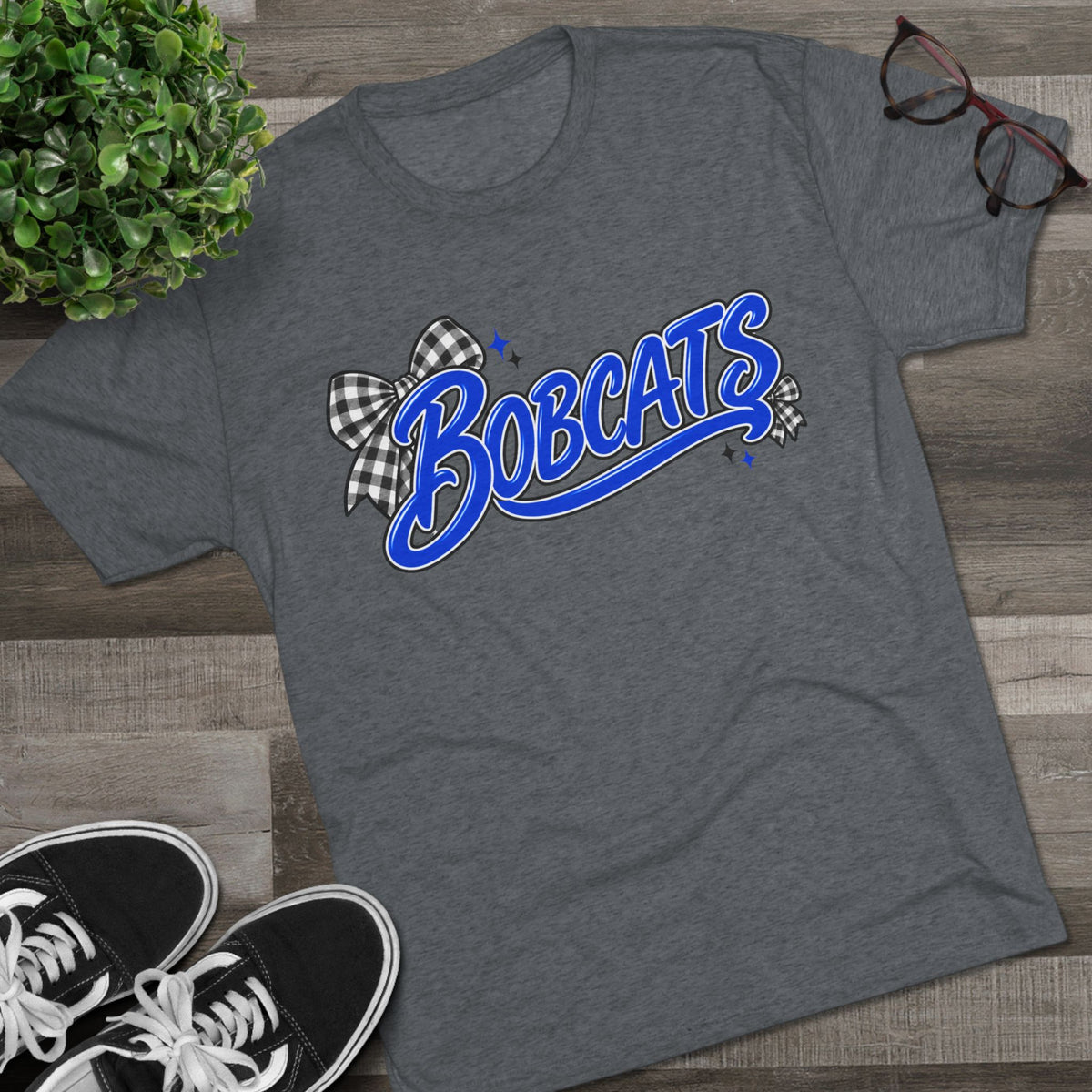 Bobcats T-Shirt - Retro Script with Gingham Bow