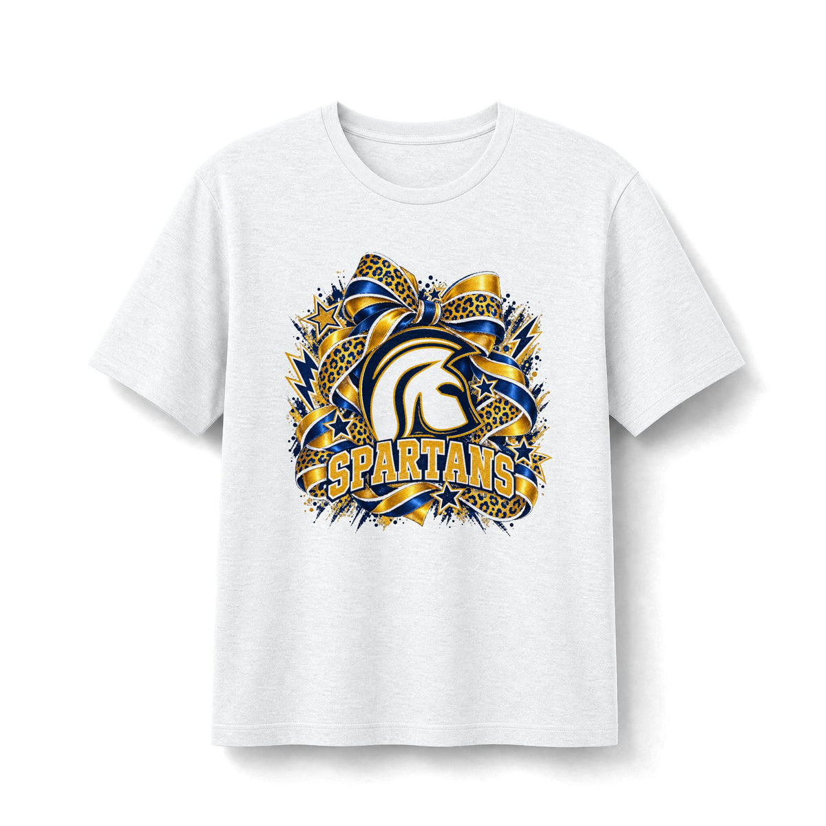 Academy of Blanchard Spartans Leopard Bow T-Shirt - Navy and Gold Mascot Tee