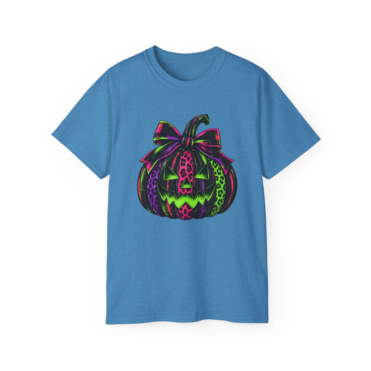Neon Leopard Print Pumpkin T-Shirt — Halloween Pink & Green Jack-O'-Lantern Tee